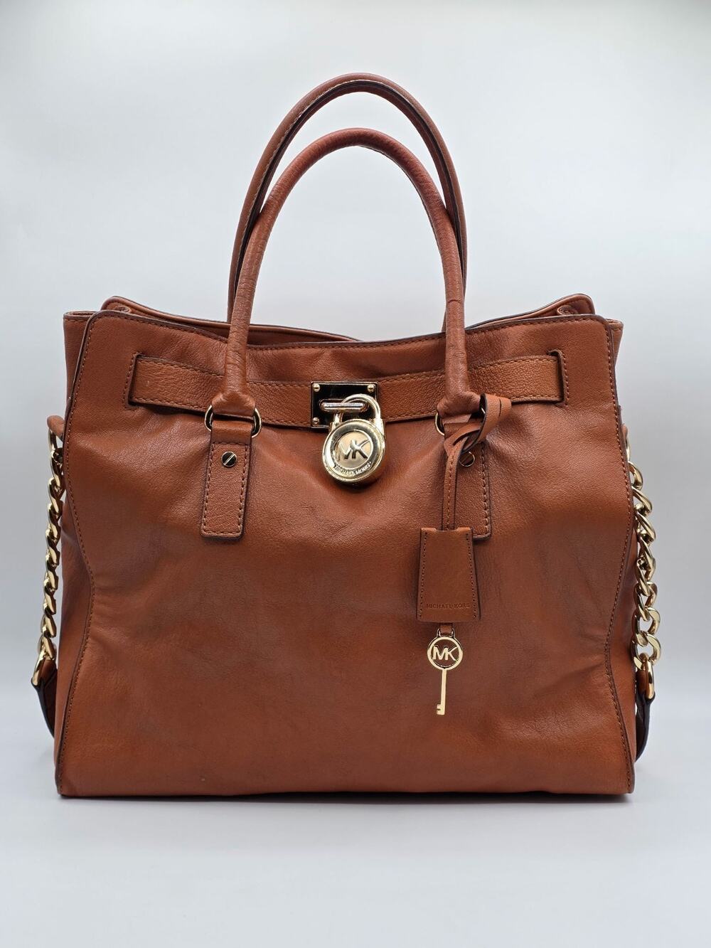 Michael Kors Hamilton Large Leather Tote Satchel Luggage Brown Gold Lock Key